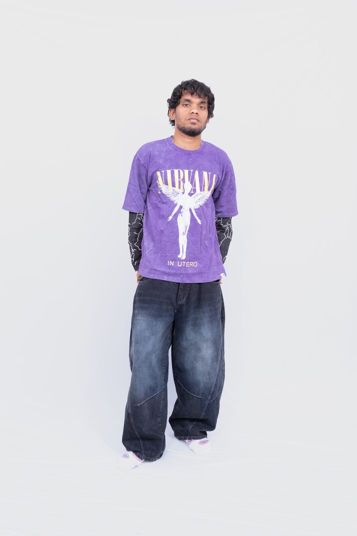 Nirvana “in utero” Double Sleeve Acide Wash Tee - Lavender